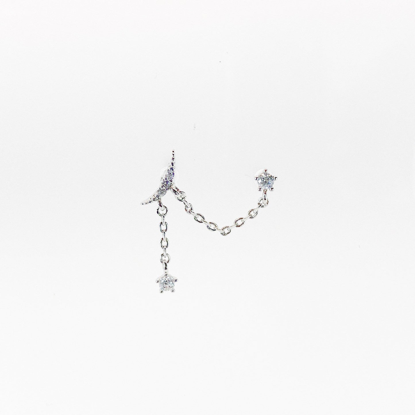 Dainty cz crescent moon and stars double piercing earrings