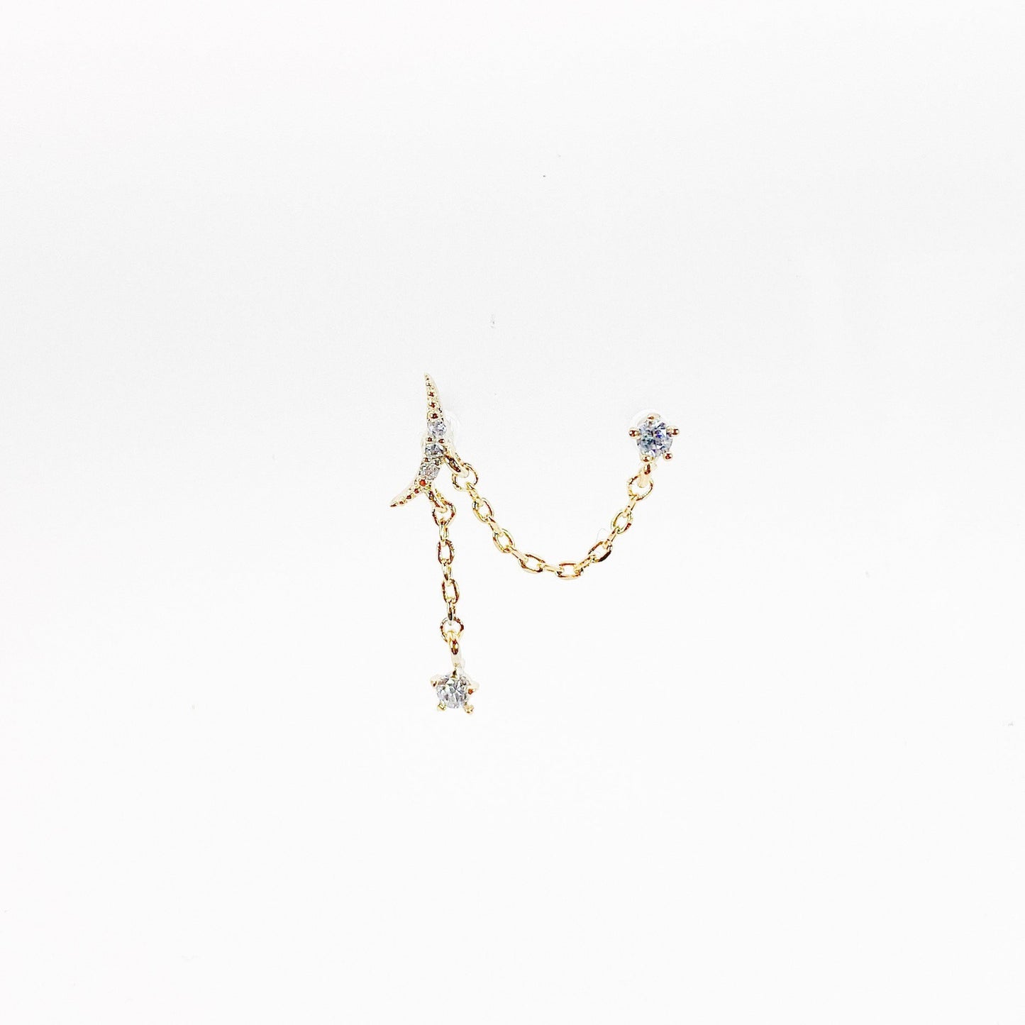 Dainty cz crescent moon and stars double piercing earrings