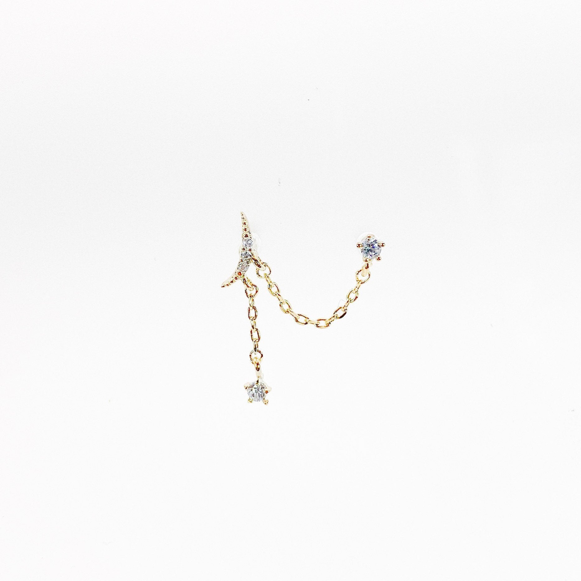 Dainty cz crescent moon and stars double piercing earrings