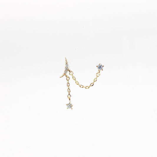 Dainty cz crescent moon and stars double piercing earrings