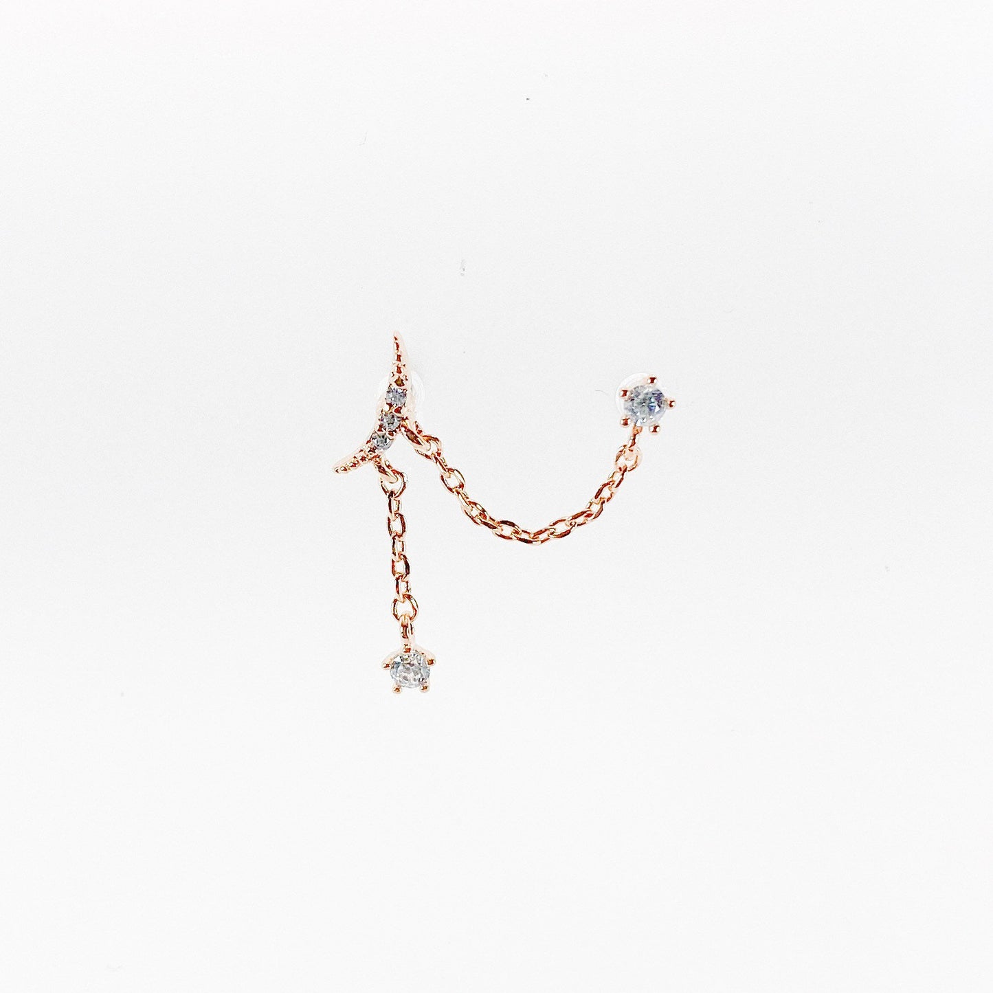 Dainty cz crescent moon and stars double piercing earrings