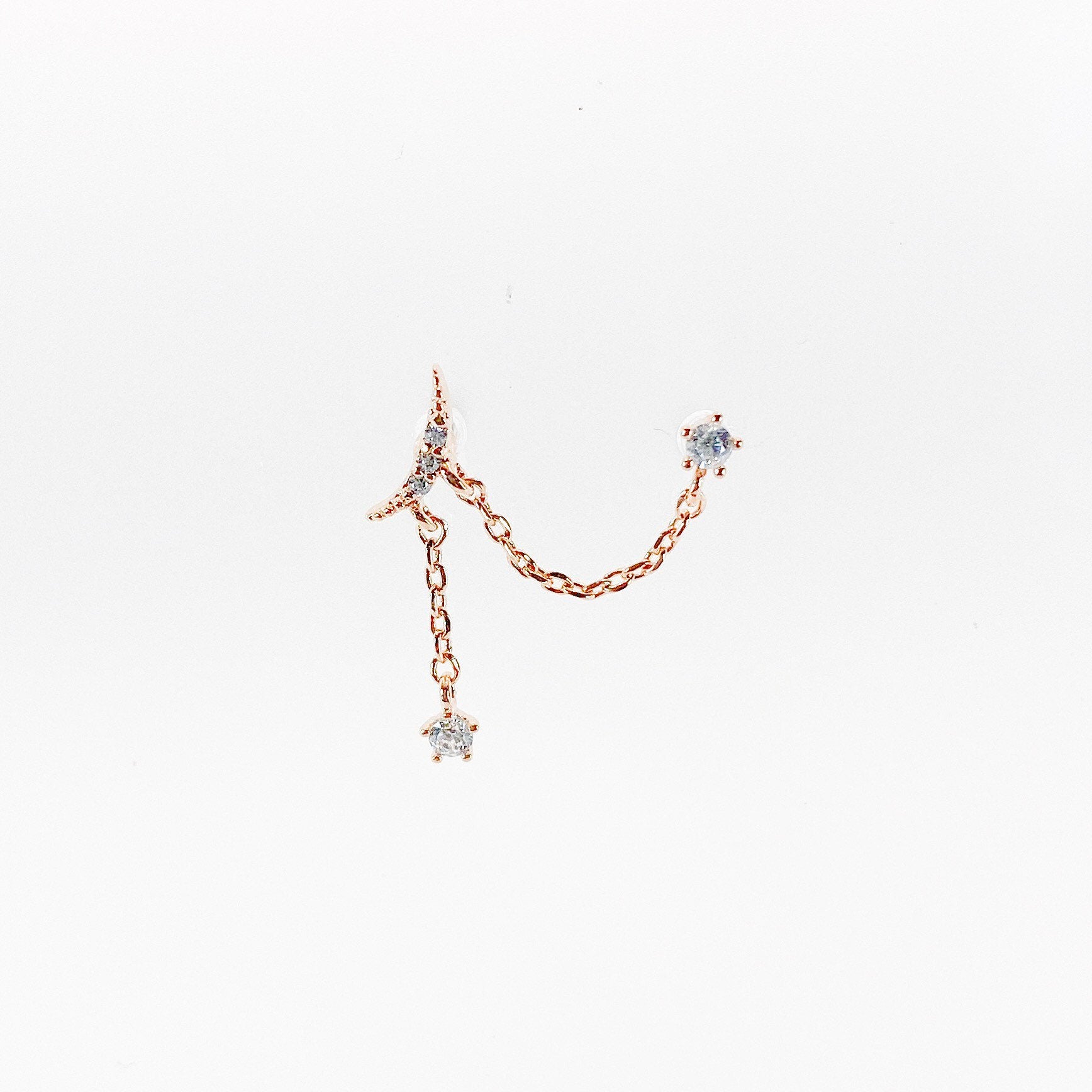 Dainty cz crescent moon and stars double piercing earrings