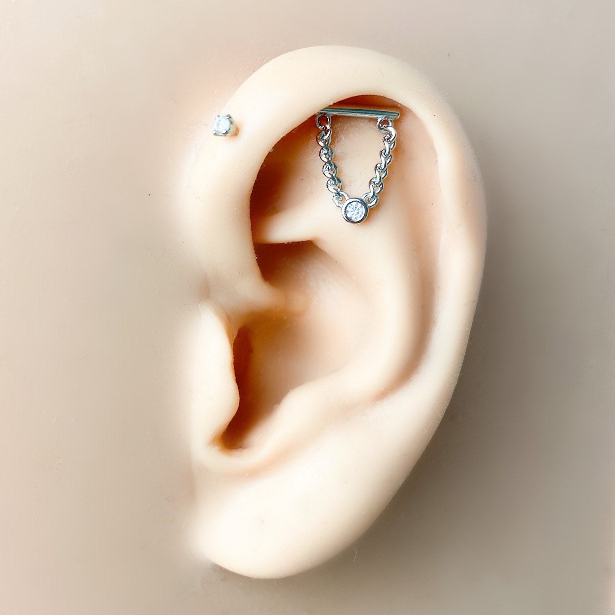 Dainty Bar Chain cz sterling silver, 18k gold plated flat piercing, helix piercing, cartilage piercing, cartilage earrings