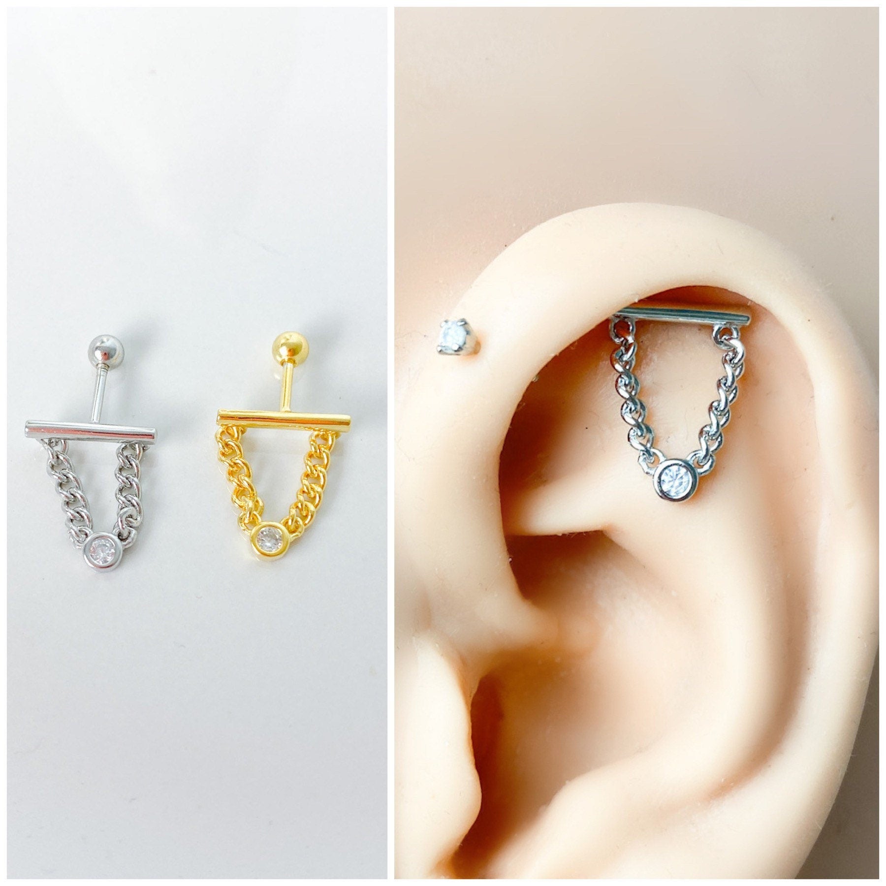 Dainty Bar Chain cz sterling silver, 18k gold plated flat piercing, helix piercing, cartilage piercing, cartilage earrings