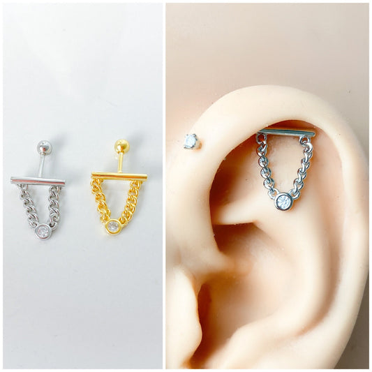 Dainty Bar Chain cz sterling silver, 18k gold plated flat piercing, helix piercing, cartilage piercing, cartilage earrings