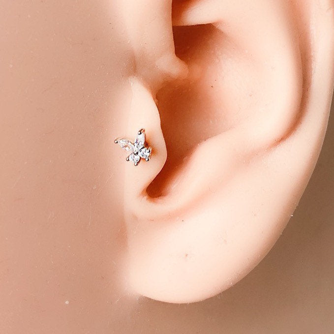 16g Tiny cubic zirconia butterfly tragus stud, butterfly earrings, surgical steel piercing, helix earrings, conch jewelry, helix piercing