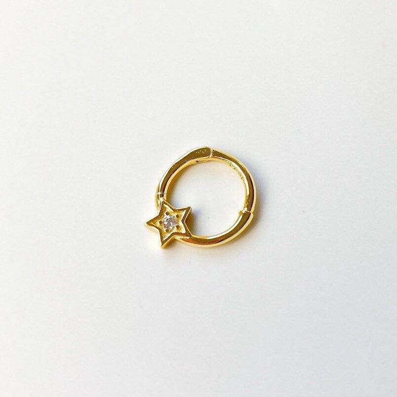Dainty Falling Star CZ 18k gold plated sterling silver daith hoop, cz daith huggie, star hoop huggies, cartilage piercing, septum ring 16g
