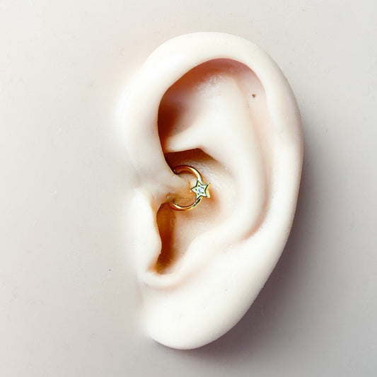 Dainty Falling Star CZ 18k gold plated sterling silver daith hoop, cz daith huggie, star hoop huggies, cartilage piercing, septum ring 16g
