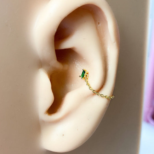 Dainty Emerald 18kt Gold Sterling Silver Chain Baguette CZ conch piercing, cartilage piercing, conch hoop, chain earrings