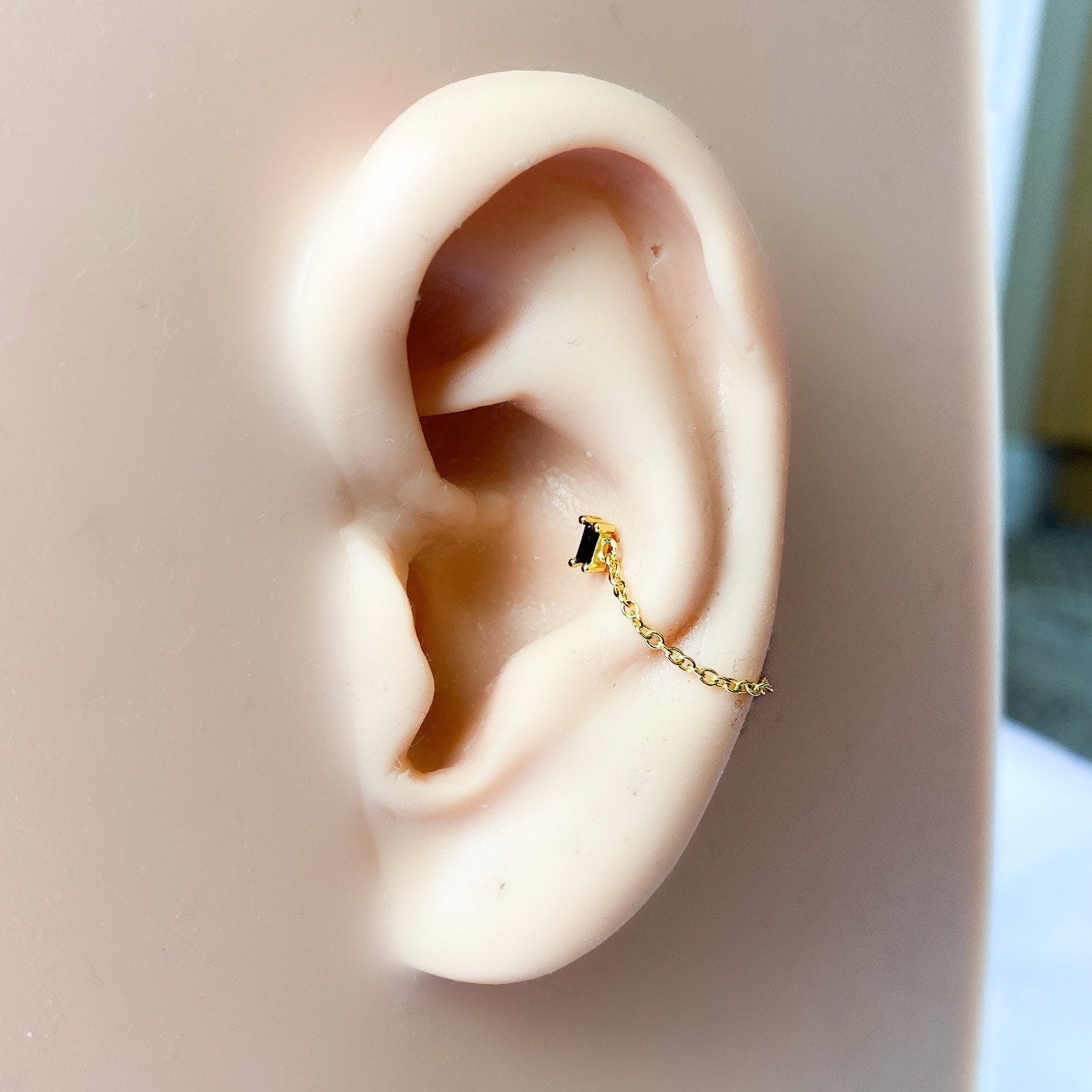 Dainty Black 18kt Gold Sterling Silver Chain Baguette CZ conch piercing, cartilage piercing, conch hoop, chain earrings