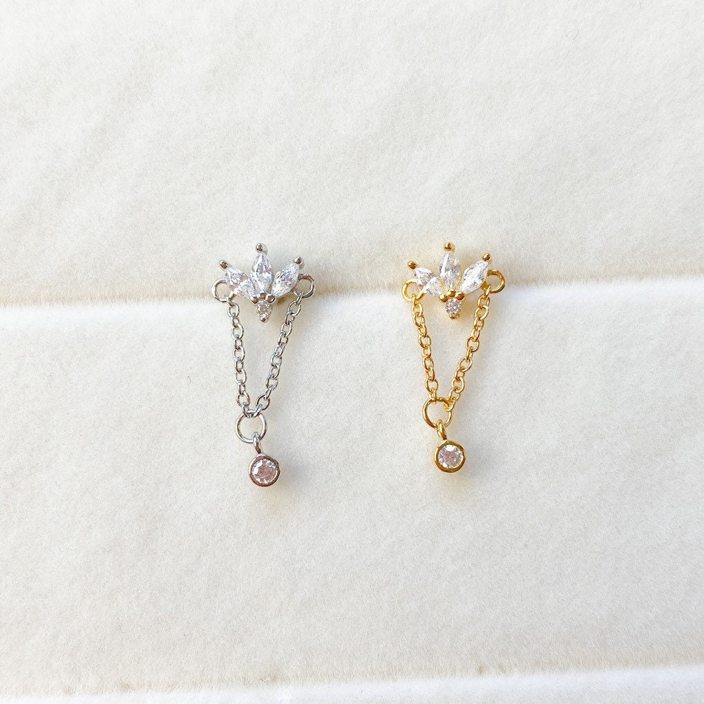 Dainty Bella Chain cz sterling silver, 18k gold plated flat piercing, helix piercing, cartilage piercing, cartilage earrings