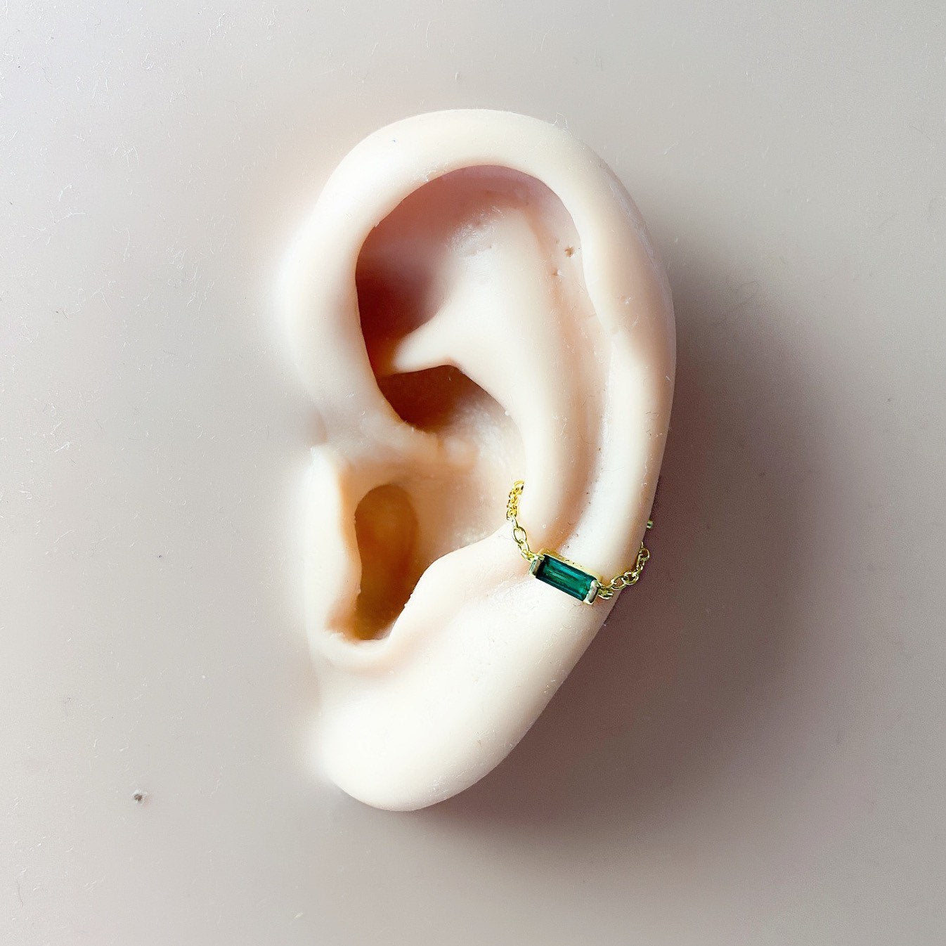 Dainty Emerald CZ Baguette Gold Chain conch piercing 18kt gold plated over sterling silver ring hoop jewelry cartilage piercing