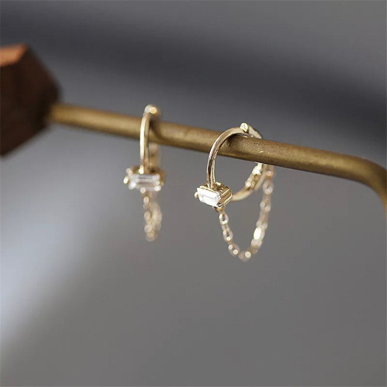 Dainty 18kt gold plated over sterling silver cz baguette hoop earrings round huggie hoop earrings cartilage hoop dainty hoop huggie