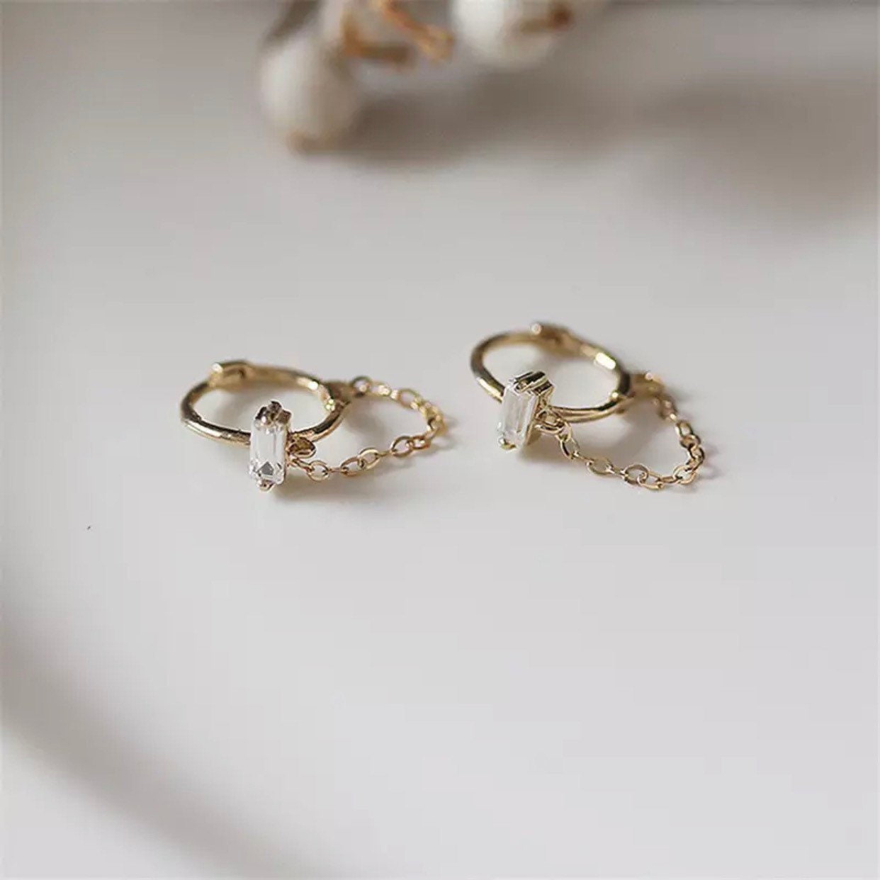 Dainty 18kt gold plated over sterling silver cz baguette hoop earrings round huggie hoop earrings cartilage hoop dainty hoop huggie
