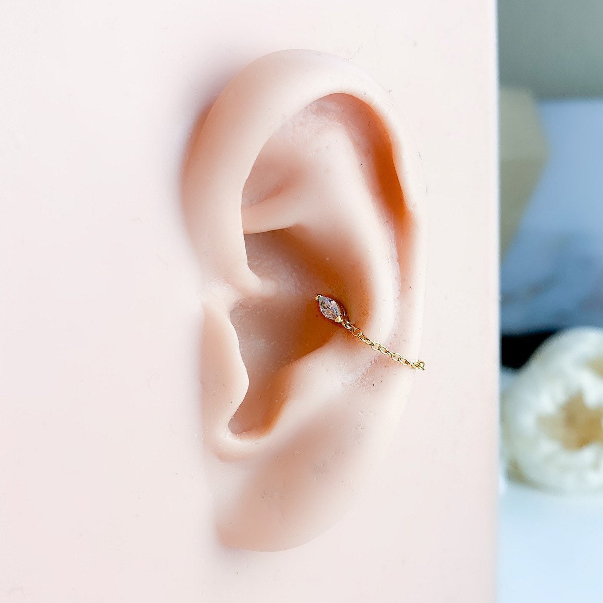 Dainty Emerald Marquis Crystal 18kt Gold Sterling Silver Chain Baguette CZ conch piercing, cartilage piercing, conch hoop, chain earrings