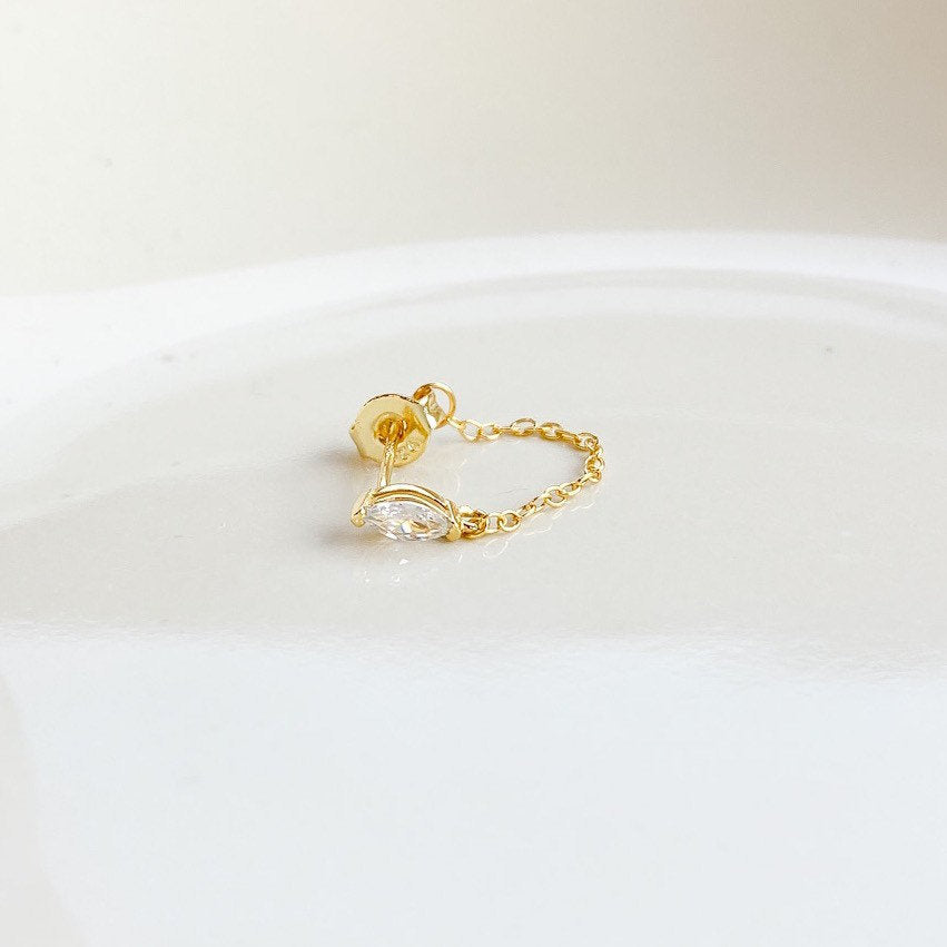 Dainty Marquis Crystal 18kt Gold Sterling Silver Chain Baguette CZ conch piercing, cartilage piercing, conch hoop, chain earrings