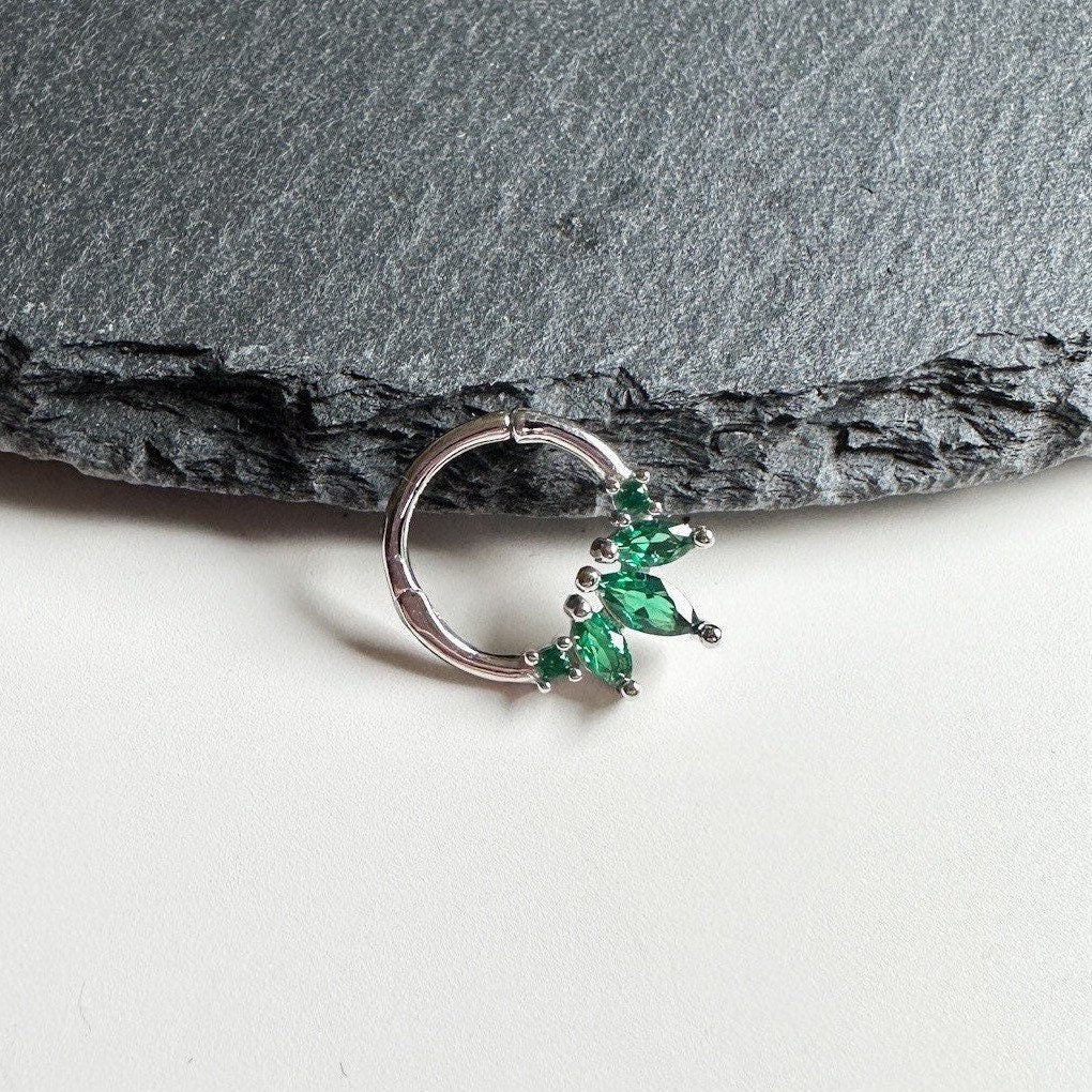 Emerald 925 sterling silver daith hoop, marquise cz daith huggie, hoop huggies, cartilage piercing, cartilage earrings
