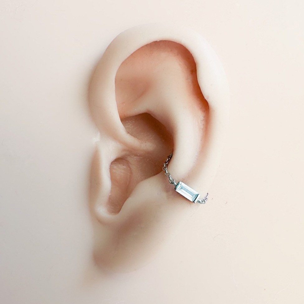 Dainty Diamond CZ Baguette Gold Chain conch piercing 18kt gold plated over sterling silver ring hoop jewelry cartilage piercing