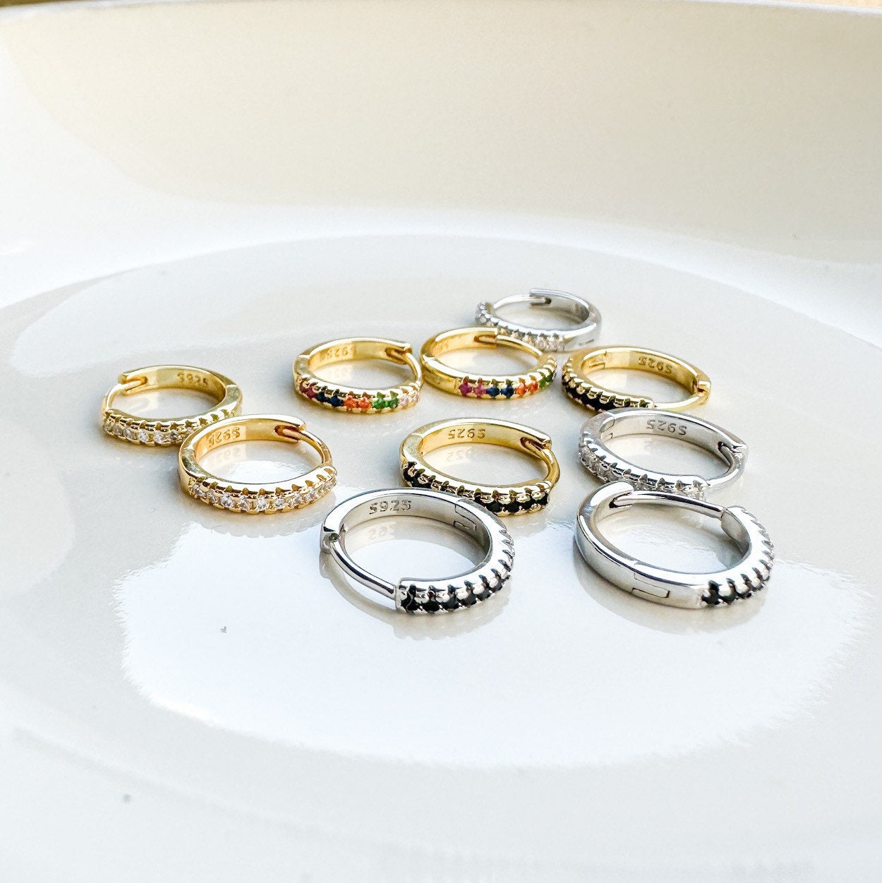 Dainty CZ studded hoops gold plated over sterling silver cz hoop earrings round huggie hoop earrings cartilage hoop gold dainty hoop huggie