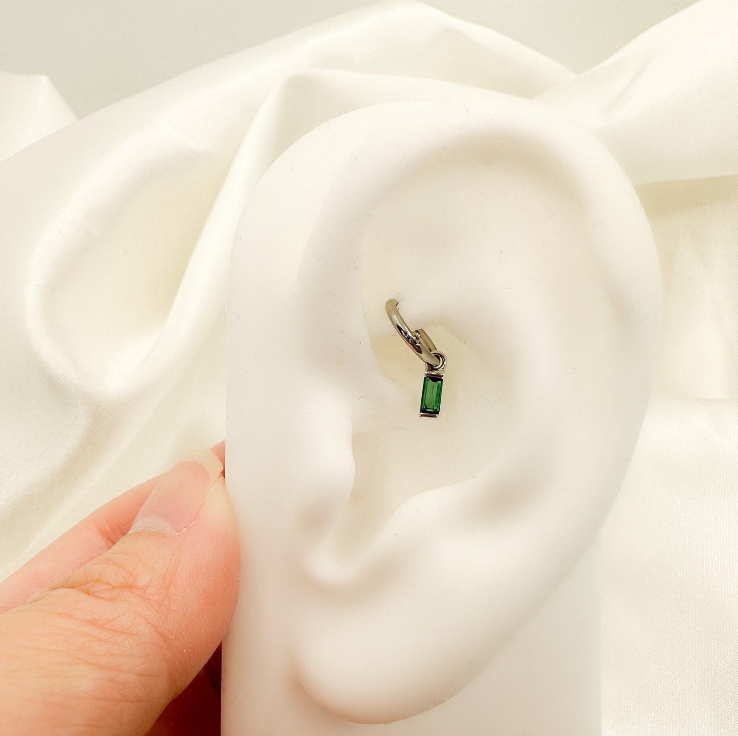16g 18g Rook Hoop Dainty Emerald CZ Bar sterling silver or stainless steel rook huggie, hoop huggies, cartilage piercing, cartilage earrings