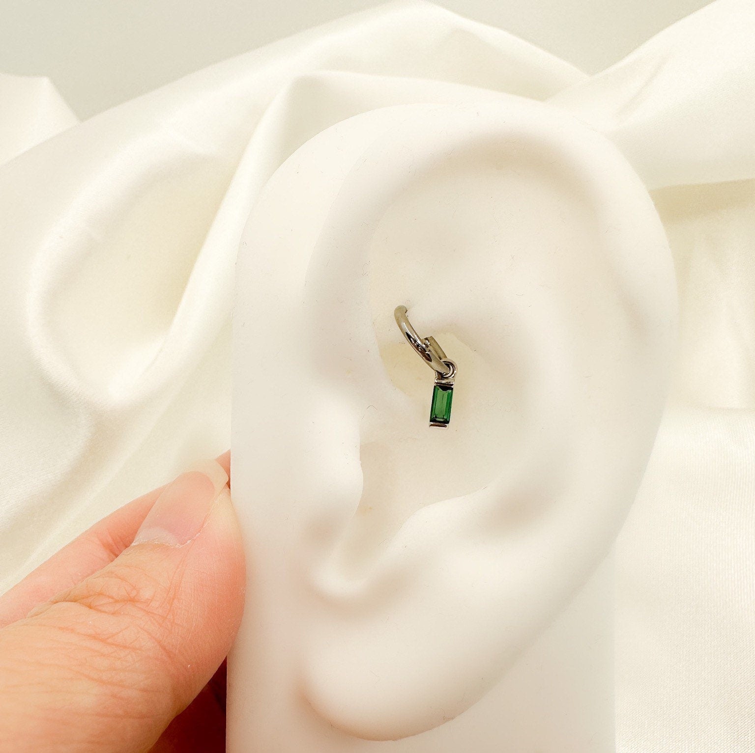 16g 18g Rook Hoop Dainty Emerald CZ Bar sterling silver or stainless steel rook huggie, hoop huggies, cartilage piercing, cartilage earrings